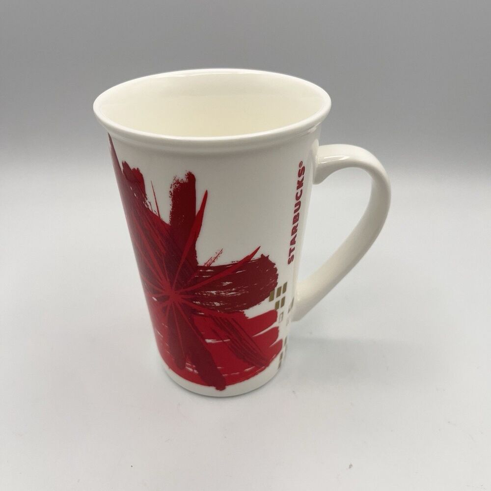 Starbucks Coffee Tea Mug 2014 Cup Holiday Red Starburst Flower 12oz EUC